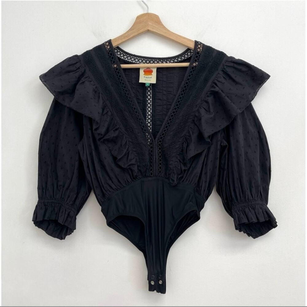 Farm Rio Plunge V-Neck Ruffle Lace Boho Romantic Swiss Dot Bodysuit - Small - Picture 4 of 16
